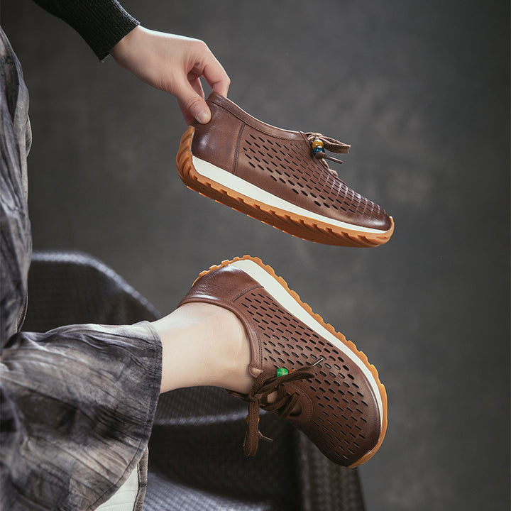 Baskets en Cuir Perforé pour Femmes, Chaussures de Marche Respirantes à Lacets d&