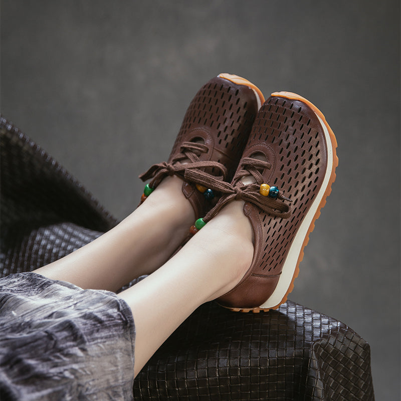 Baskets en Cuir Perforé pour Femmes, Chaussures de Marche Respirantes à Lacets d&