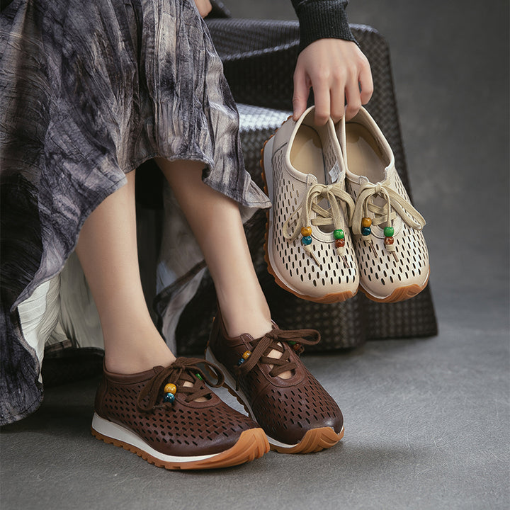 Baskets en Cuir Perforé pour Femmes, Chaussures de Marche Respirantes à Lacets d&