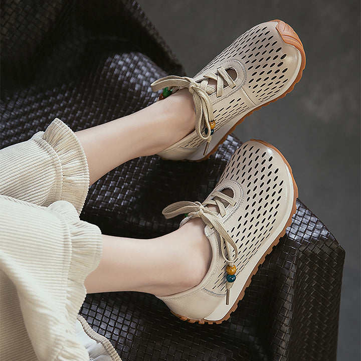 Baskets en Cuir Perforé pour Femmes, Chaussures de Marche Respirantes à Lacets d&