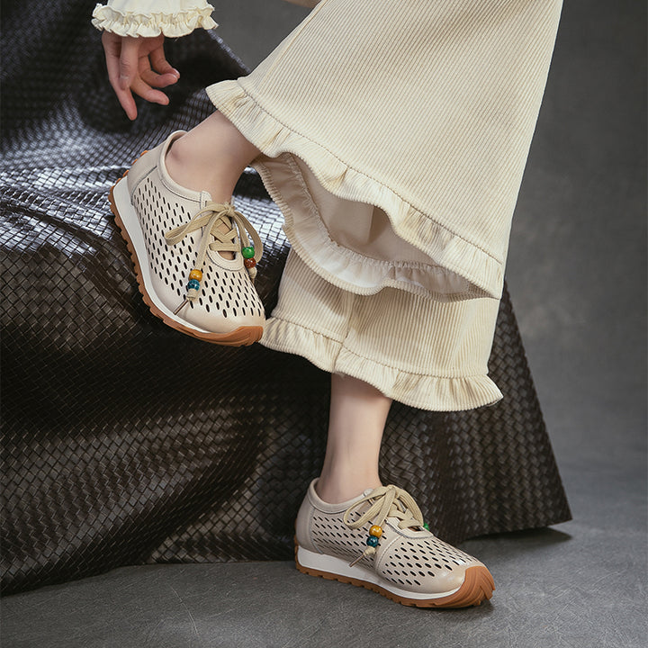 Baskets en Cuir Perforé pour Femmes, Chaussures de Marche Respirantes à Lacets d&
