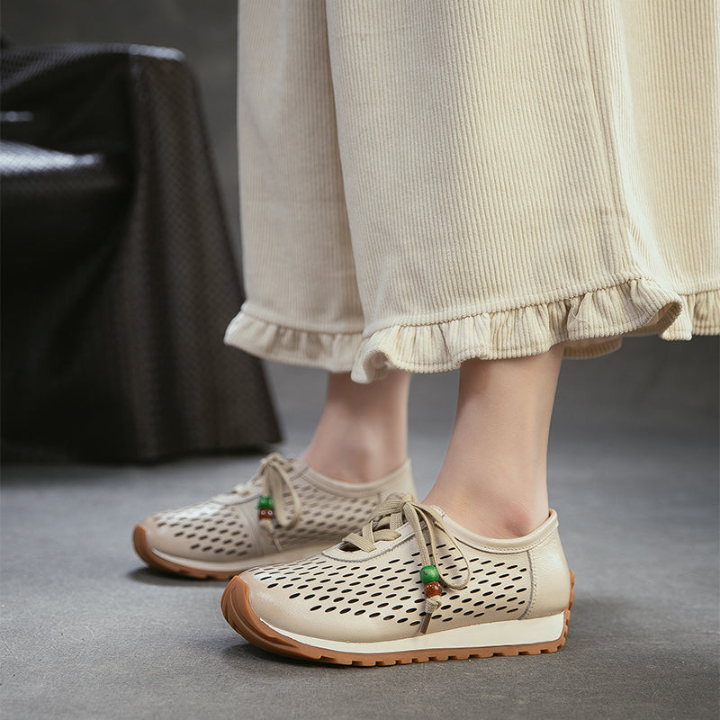 Baskets en Cuir Perforé pour Femmes, Chaussures de Marche Respirantes à Lacets d&
