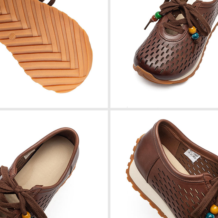 Baskets en Cuir Perforé pour Femmes, Chaussures de Marche Respirantes à Lacets d&