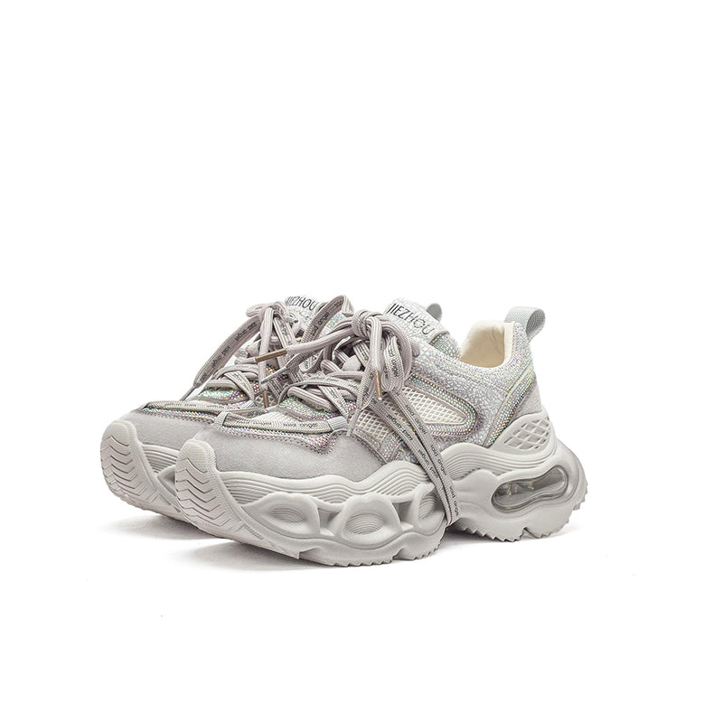 Baskets Chunky à Plateforme avec Strass, Chaussures de Sport en Cuir et Maille en Gris/Rose Clair