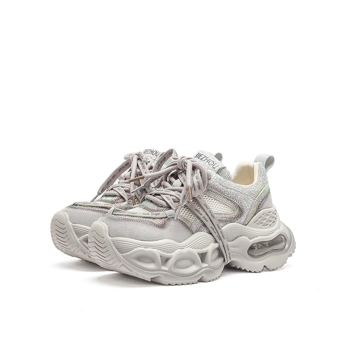 Baskets Chunky à Plateforme avec Strass, Chaussures de Sport en Cuir et Maille en Gris/Rose Clair