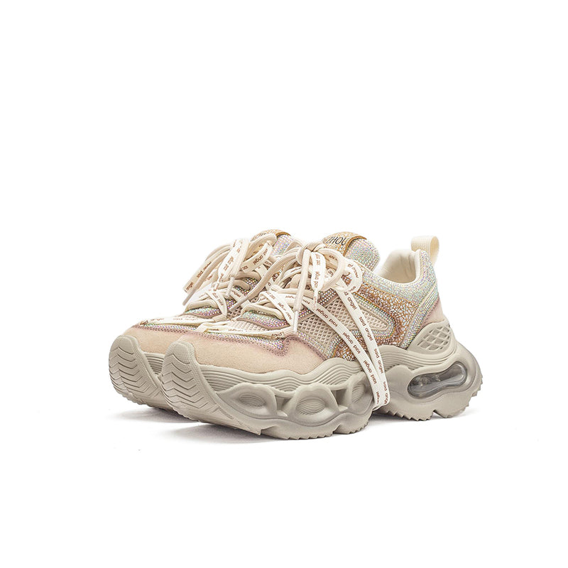 Baskets Chunky à Plateforme avec Strass, Chaussures de Sport en Cuir et Maille en Gris/Rose Clair