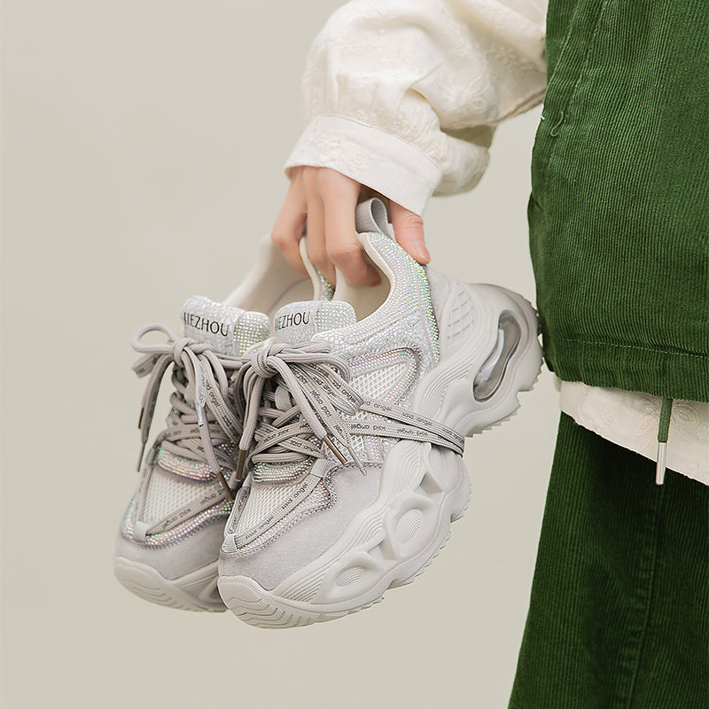 Baskets Chunky à Plateforme avec Strass, Chaussures de Sport en Cuir et Maille en Gris/Rose Clair