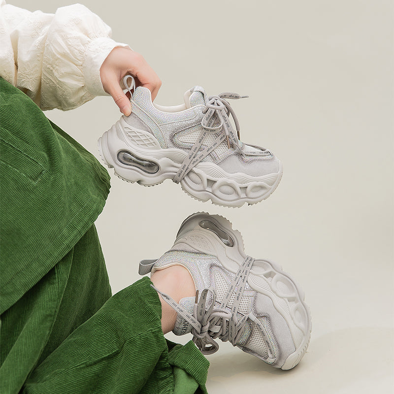 Baskets Chunky à Plateforme avec Strass, Chaussures de Sport en Cuir et Maille en Gris/Rose Clair