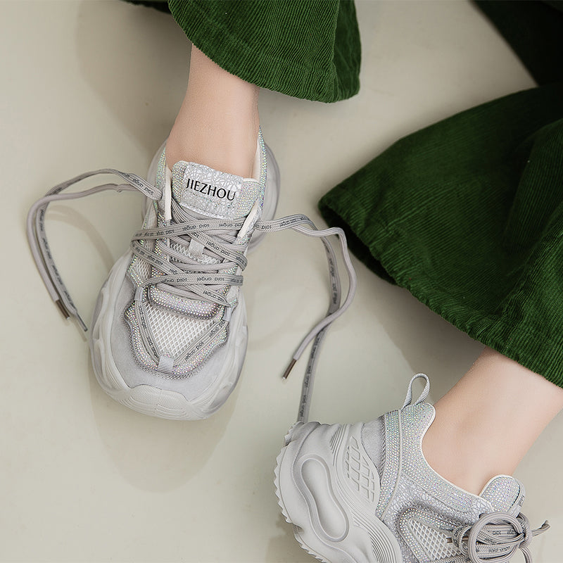 Baskets Chunky à Plateforme avec Strass, Chaussures de Sport en Cuir et Maille en Gris/Rose Clair