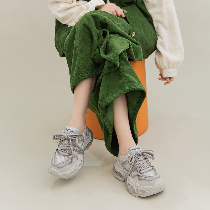 Baskets Chunky à Plateforme avec Strass, Chaussures de Sport en Cuir et Maille en Gris/Rose Clair