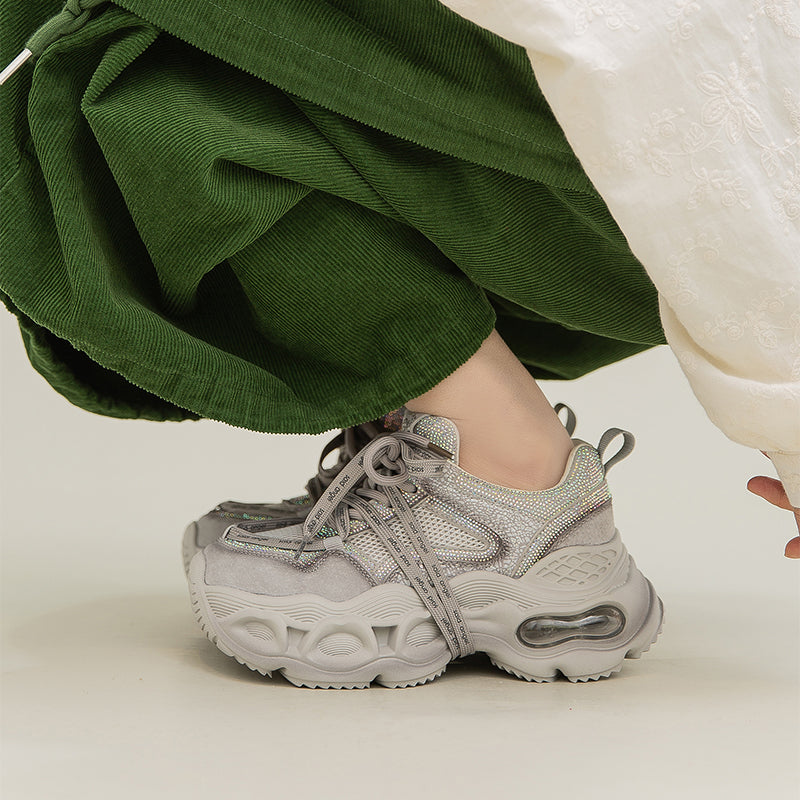 Baskets Chunky à Plateforme avec Strass, Chaussures de Sport en Cuir et Maille en Gris/Rose Clair