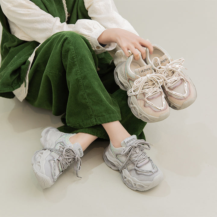 Baskets Chunky à Plateforme avec Strass, Chaussures de Sport en Cuir et Maille en Gris/Rose Clair