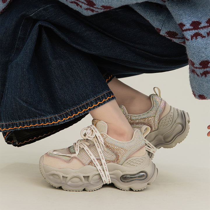 Baskets Chunky à Plateforme avec Strass, Chaussures de Sport en Cuir et Maille en Gris/Rose Clair