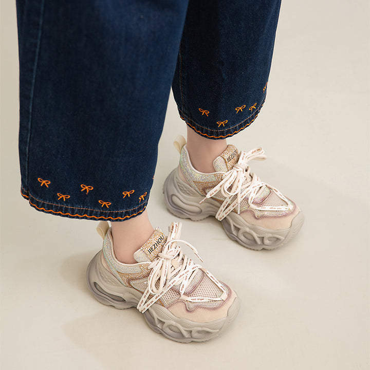 Baskets Chunky à Plateforme avec Strass, Chaussures de Sport en Cuir et Maille en Gris/Rose Clair