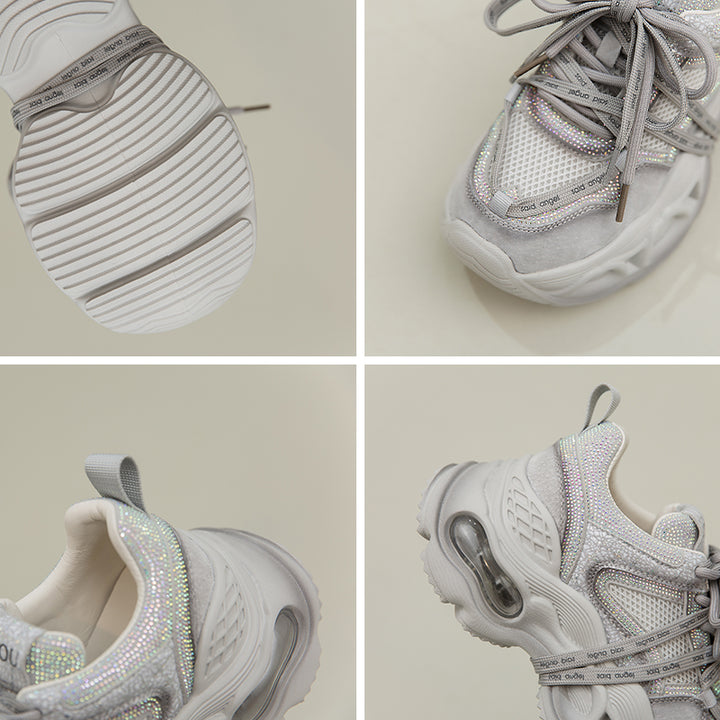 Baskets Chunky à Plateforme avec Strass, Chaussures de Sport en Cuir et Maille en Gris/Rose Clair