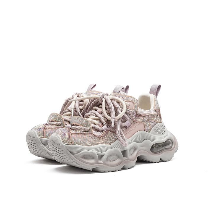 Iridescent Rhinestone Chunky Platform Dad Sneakers Lace-Up Fashion Trainers in Grey/Pink/Black
