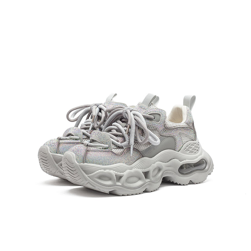 Iridescent Rhinestone Chunky Platform Dad Sneakers Lace-Up Fashion Trainers in Grey/Pink/Black