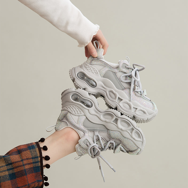 Iridescent Rhinestone Chunky Platform Dad Sneakers Lace-Up Fashion Trainers in Grey/Pink/Black