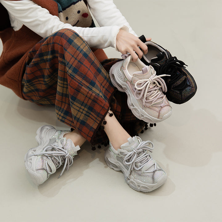 Iridescent Rhinestone Chunky Platform Dad Sneakers Lace-Up Fashion Trainers in Grey/Pink/Black