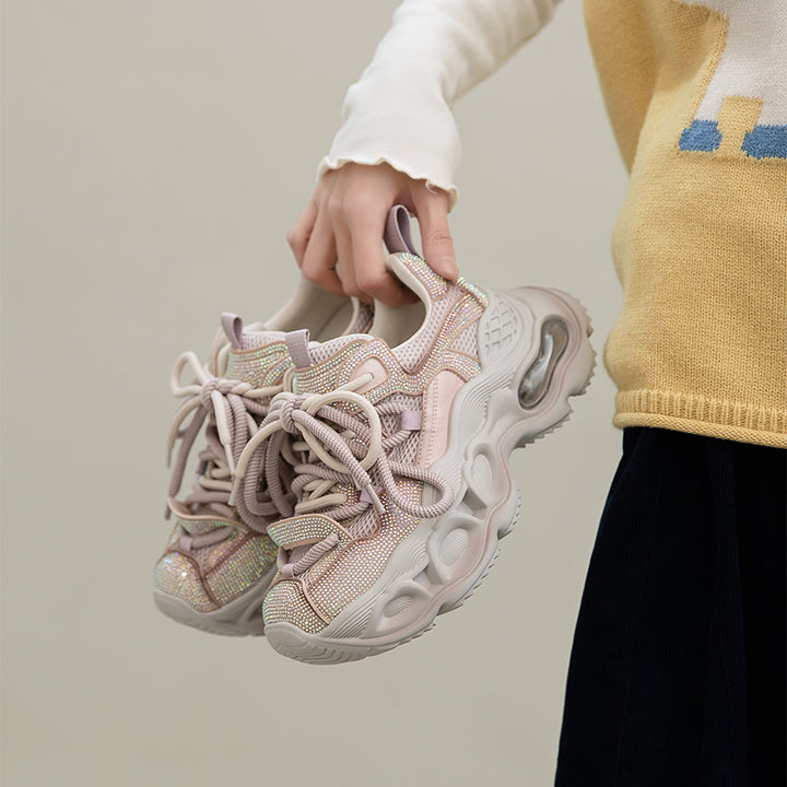 Iridescent Rhinestone Chunky Platform Dad Sneakers Lace-Up Fashion Trainers in Grey/Pink/Black