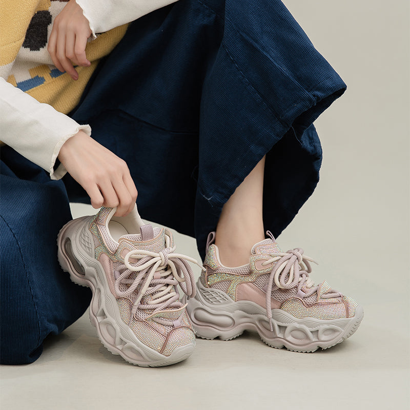 Iridescent Rhinestone Chunky Platform Dad Sneakers Lace-Up Fashion Trainers in Grey/Pink/Black