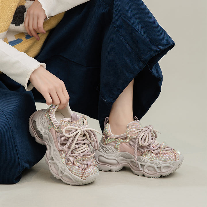 Iridescent Rhinestone Chunky Platform Dad Sneakers Lace-Up Fashion Trainers in Grey/Pink/Black
