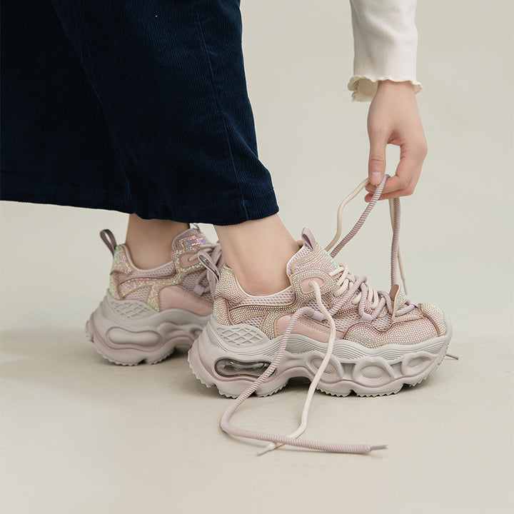 Iridescent Rhinestone Chunky Platform Dad Sneakers Lace-Up Fashion Trainers in Grey/Pink/Black