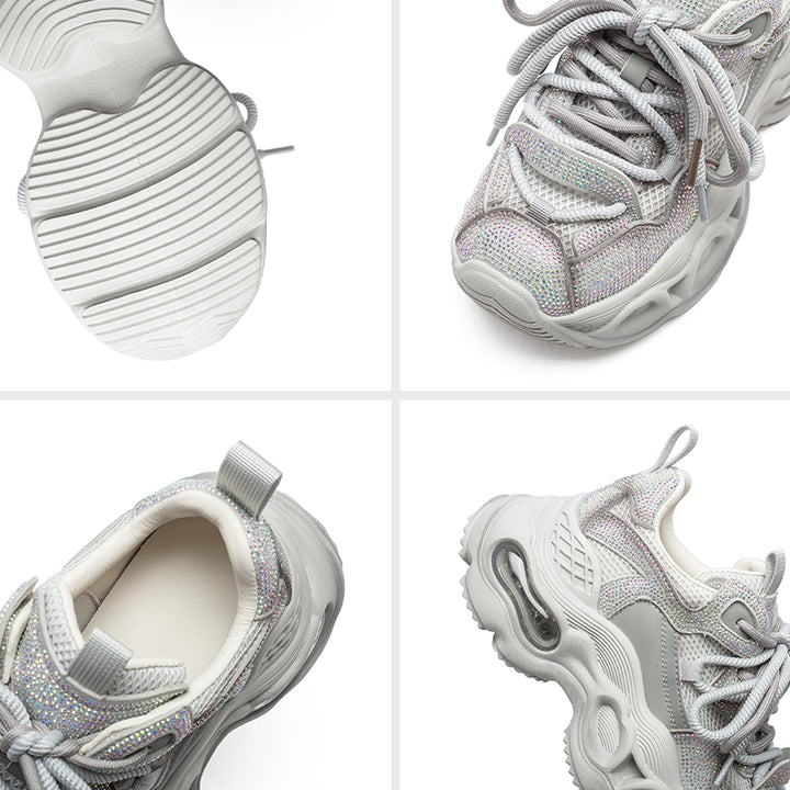 Iridescent Rhinestone Chunky Platform Dad Sneakers Lace-Up Fashion Trainers in Grey/Pink/Black