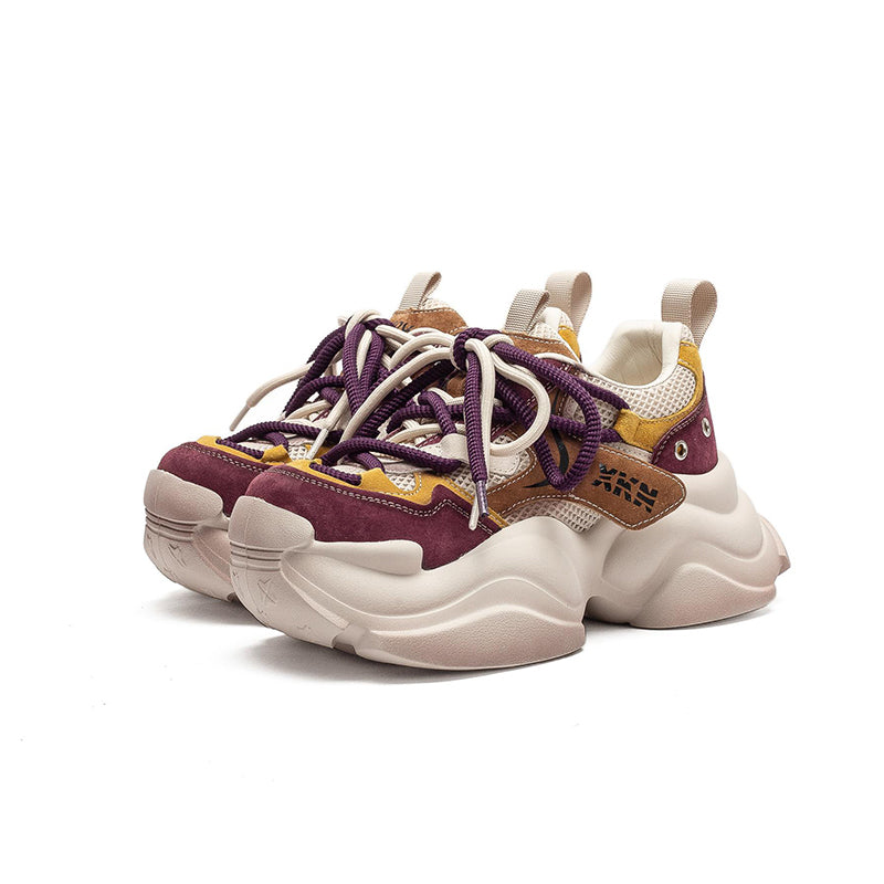 Retro Color Blocked Chunky Dad Sneakers Platform Leather &amp; Mesh Casual Trainers in Grey/Purple