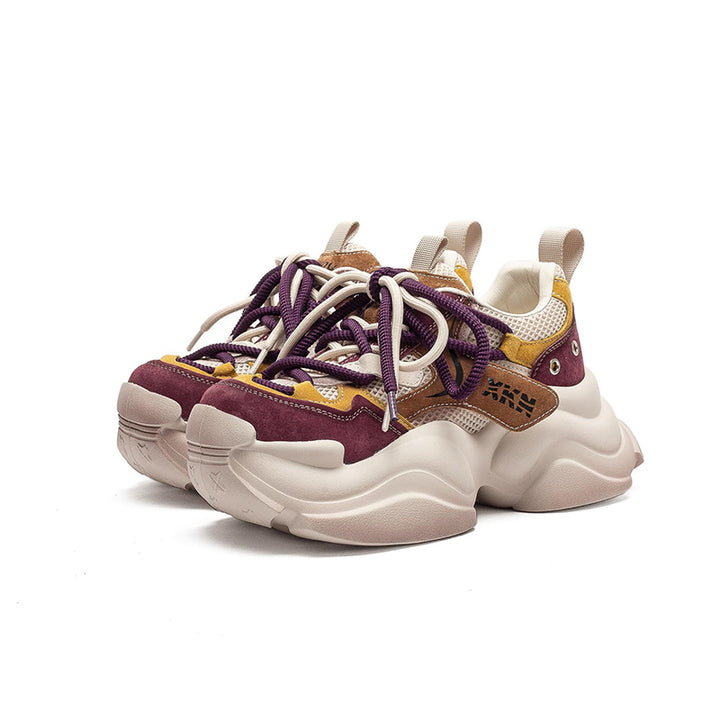 Retro Color Blocked Chunky Dad Sneakers Platform Leather &amp; Mesh Casual Trainers in Grey/Purple
