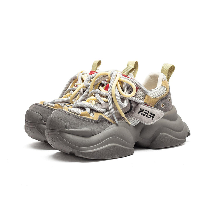 Retro Color Blocked Chunky Dad Sneakers Platform Leather &amp; Mesh Casual Trainers in Grey/Purple