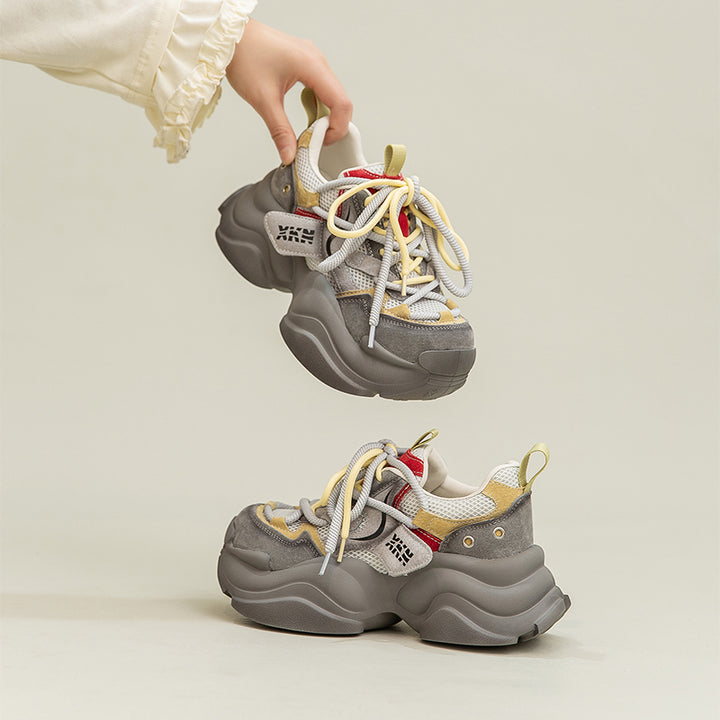 Retro Color Blocked Chunky Dad Sneakers Platform Leather &amp; Mesh Casual Trainers in Grey/Purple