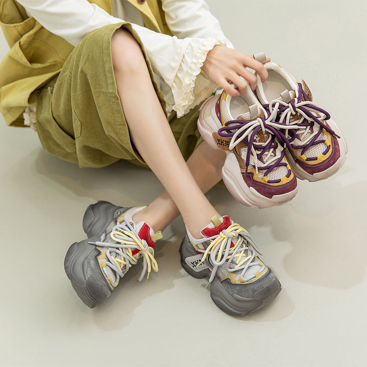 Retro Color Blocked Chunky Dad Sneakers Platform Leather &amp; Mesh Casual Trainers in Grey/Purple