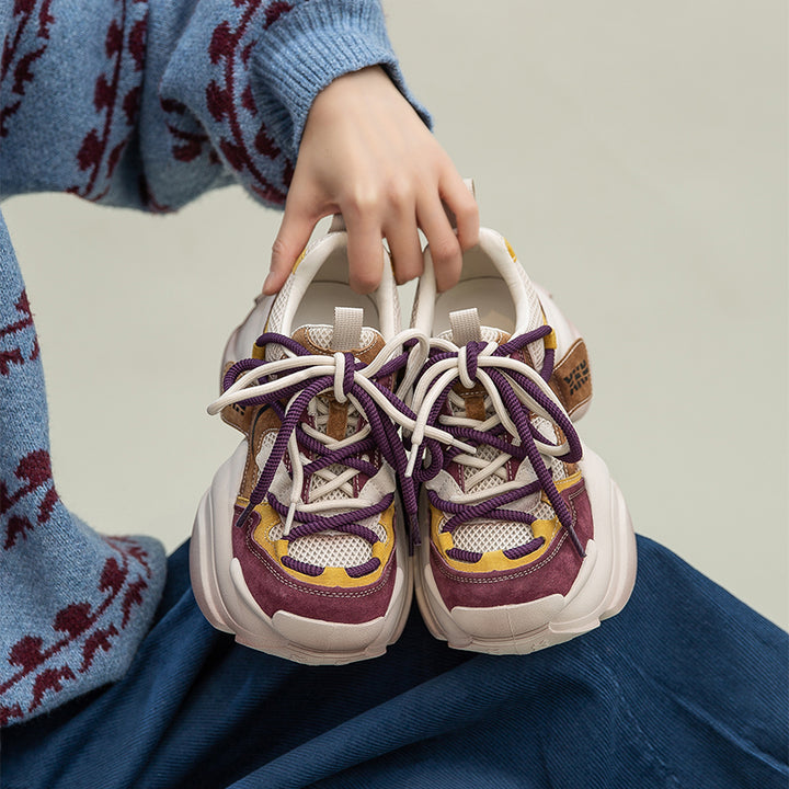 Retro Color Blocked Chunky Dad Sneakers Platform Leather &amp; Mesh Casual Trainers in Grey/Purple