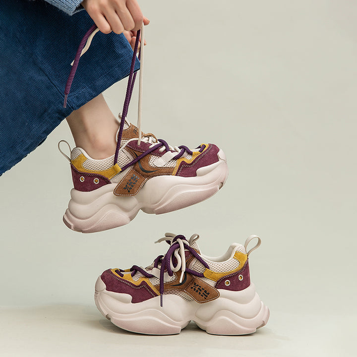 Retro Color Blocked Chunky Dad Sneakers Platform Leather &amp; Mesh Casual Trainers in Grey/Purple