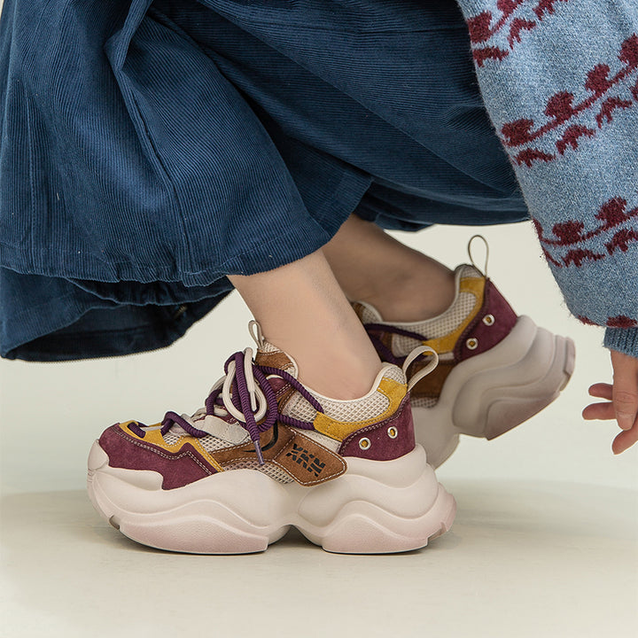 Retro Color Blocked Chunky Dad Sneakers Platform Leather &amp; Mesh Casual Trainers in Grey/Purple