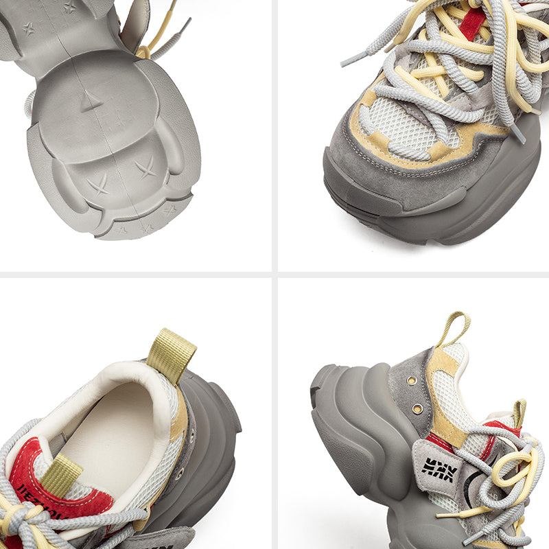 Retro Color Blocked Chunky Dad Sneakers Platform Leather &amp; Mesh Casual Trainers in Grey/Purple