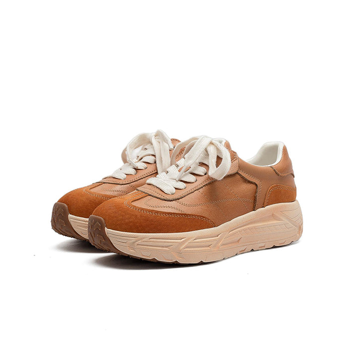 Retro Color-Blocked Platform Dad Sneakers Chunky Leather German Trainers in Apricot/Purple/Yellow