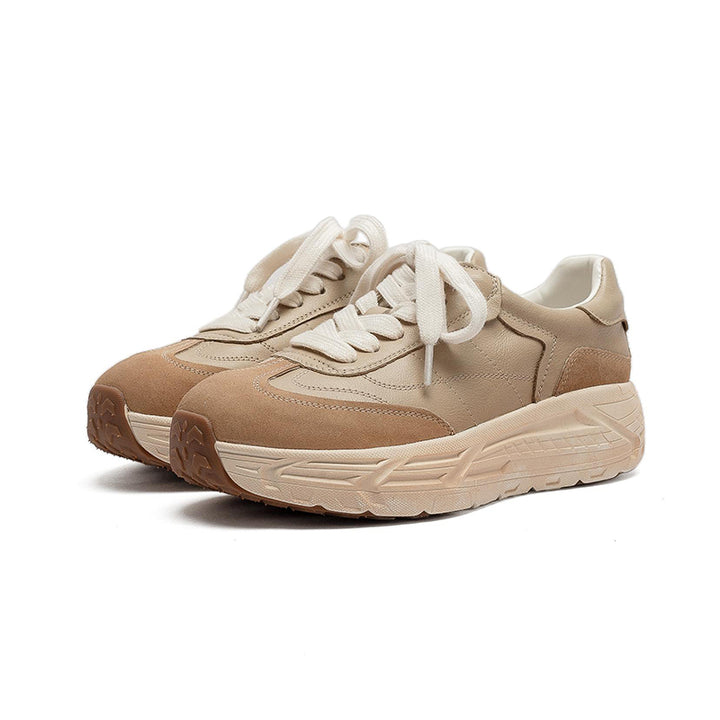 Retro Color-Blocked Platform Dad Sneakers Chunky Leather German Trainers in Apricot/Purple/Yellow