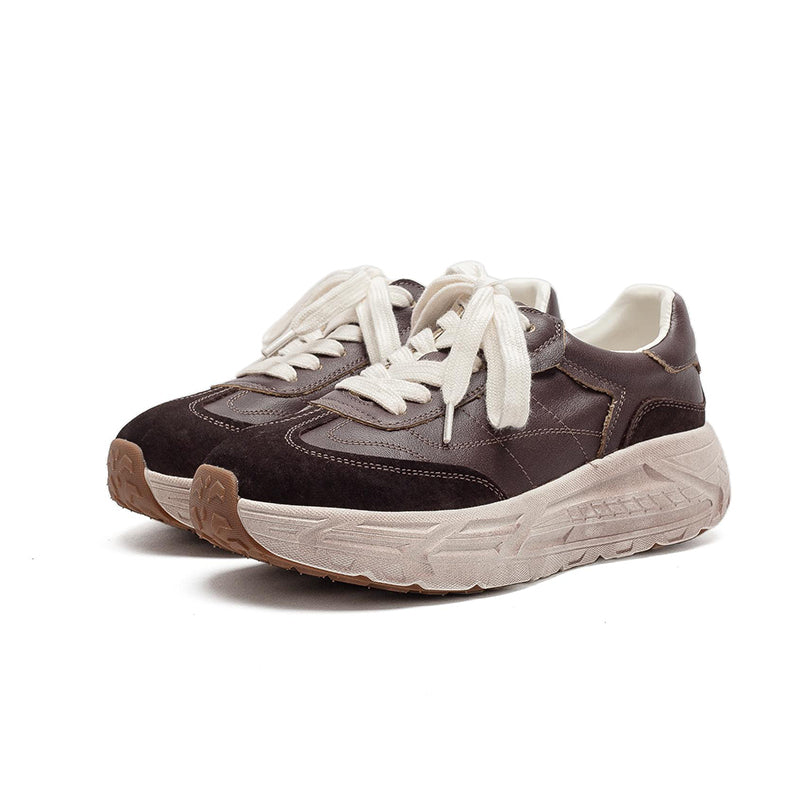 Retro Color-Blocked Platform Dad Sneakers Chunky Leather German Trainers in Apricot/Purple/Yellow