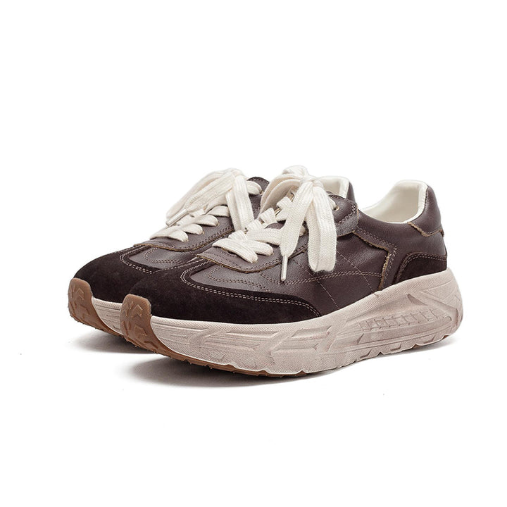 Retro Color-Blocked Platform Dad Sneakers Chunky Leather German Trainers in Apricot/Purple/Yellow