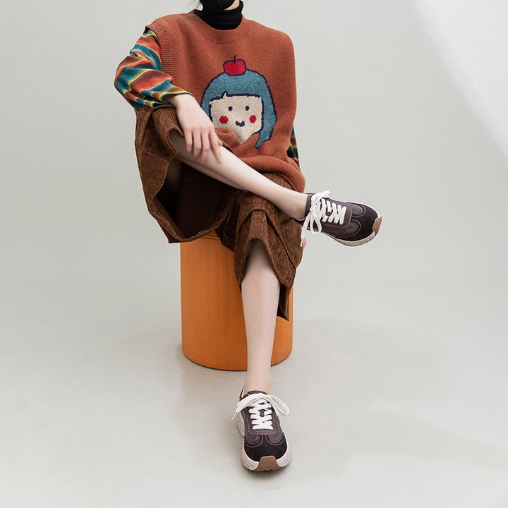 Retro Color-Blocked Platform Dad Sneakers Chunky Leather German Trainers in Apricot/Purple/Yellow