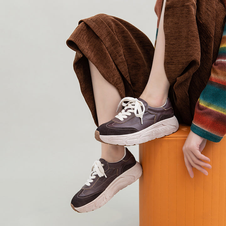 Retro Color-Blocked Platform Dad Sneakers Chunky Leather German Trainers in Apricot/Purple/Yellow