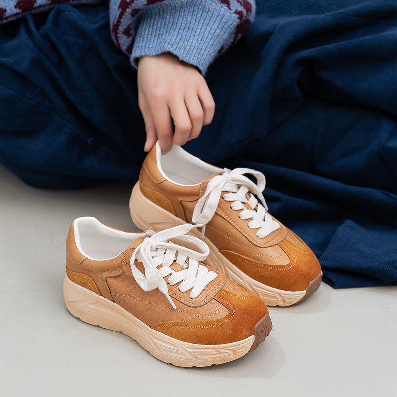 Retro Color-Blocked Platform Dad Sneakers Chunky Leather German Trainers in Apricot/Purple/Yellow