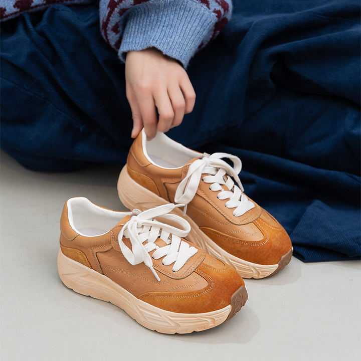 Retro Color-Blocked Platform Dad Sneakers Chunky Leather German Trainers in Apricot/Purple/Yellow