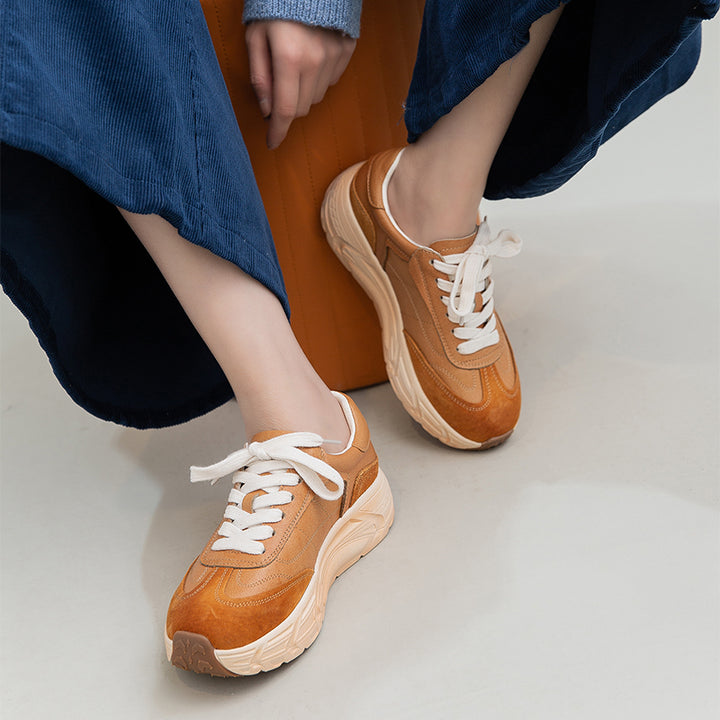 Retro Color-Blocked Platform Dad Sneakers Chunky Leather German Trainers in Apricot/Purple/Yellow