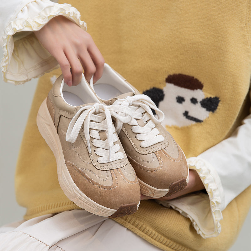 Retro Color-Blocked Platform Dad Sneakers Chunky Leather German Trainers in Apricot/Purple/Yellow