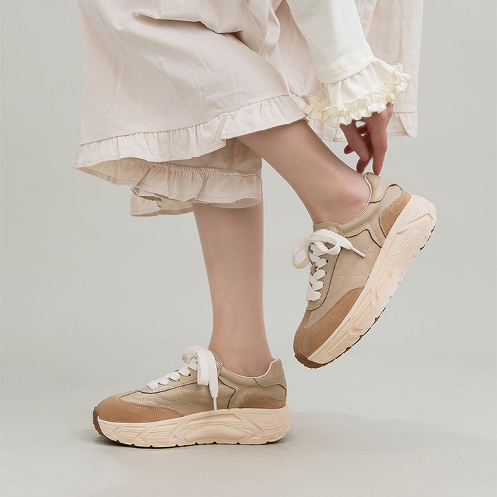 Retro Color-Blocked Platform Dad Sneakers Chunky Leather German Trainers in Apricot/Purple/Yellow