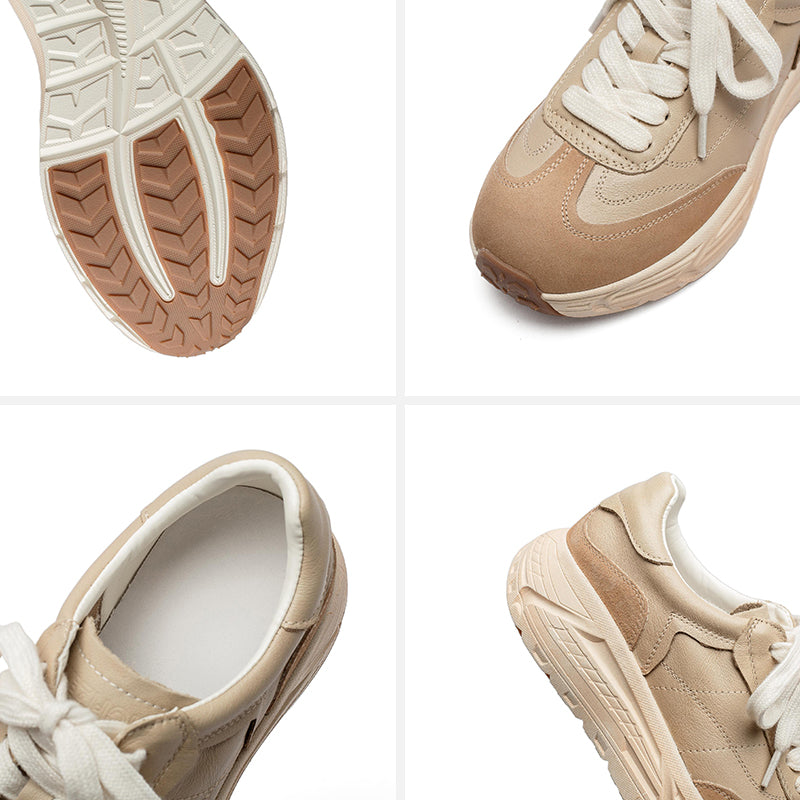 Retro Color-Blocked Platform Dad Sneakers Chunky Leather German Trainers in Apricot/Purple/Yellow