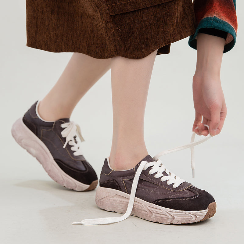 Retro Color-Blocked Platform Dad Sneakers Chunky Leather German Trainers in Apricot/Purple/Yellow